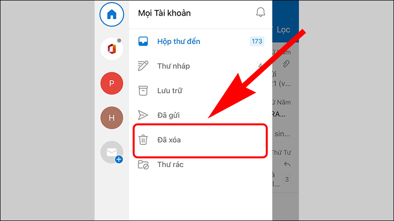 Chọn mục Đã xóa có biểu tượng thùng rác
